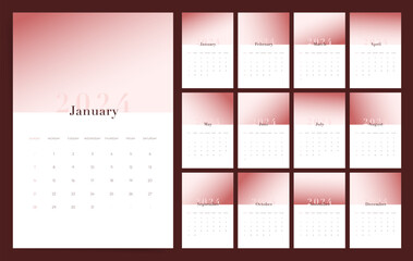 Complete 2024 Calendar Set with Gradient Aesthetic Wall Templates. Week Begins on Sunday