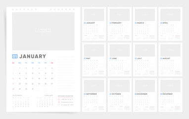 Calendar 2024, Set Wall Calendar Template Design with Place for Photo. Week Starts on Sunday. Set of 12 Months.