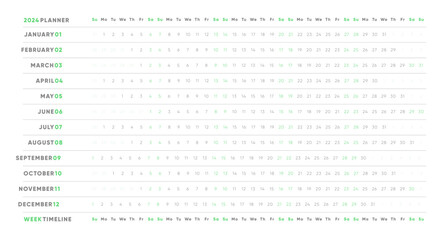 2024 Yearly Planner. Classic White Design, Monthly Grid Calendar Template. Vector Illustration. Management, Office and Study Organizer.