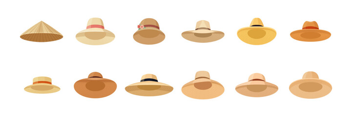 Vector Straw Hats. Asian Non La, Female, Womens and Mens Hat, Cap Icon Set Isolated. Summer Beach Head Accessory, Traditional, Farmers Headdress Hat Collection in Flat Style. Front View