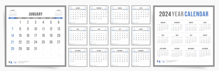 Minimal Square 2024 Calendar Design. 12 Month Pages  Year Planner for Schedule Management. Vector 2024 Calendar Template.