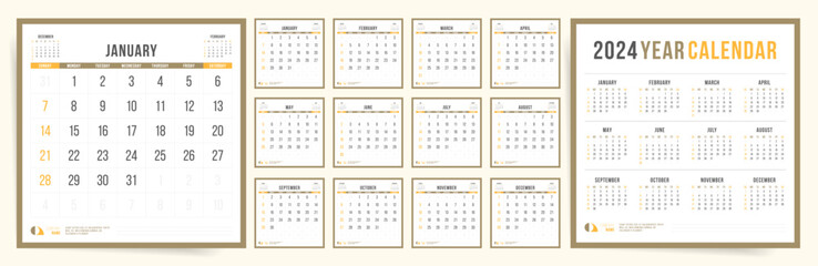 2024 Square Calendar. Minimal Design Planner. Single Page Classic Template. Ideal for Business or Personal Use, Desk or Wall Display. Sunday Starts. - obrazy, fototapety, plakaty
