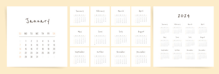2024 Calendar, Classic Square Design Template for Daily and Monthly Planning. Minimal Layout for Business or Personal Use. Convenient for Desk, Wall or Desktop Display. Sunday Start.