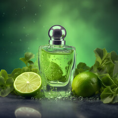 Perfume bottle surrounded by lime and mint. Fresh scent. Green background. Generative ai.