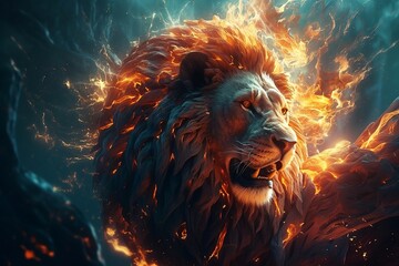 fire lion portrait in the rain