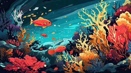 Fototapeta na wymiar Coral Reef and Fish Graphic: Bold Lines and Vibrant Colors Background Created with Generative AI
