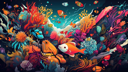 Coral Reef and Fish Graphic: Bold Lines and Vibrant Colors Background Created with Generative AI