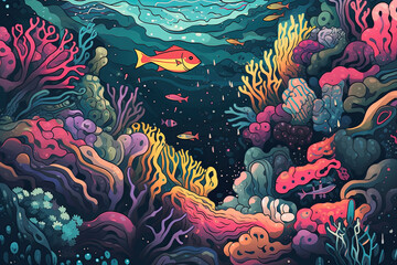 Coral Reef and Fish Graphic: Bold Lines and Vibrant Colors Background Created with Generative AI