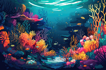 Naklejka na ściany i meble Coral Reef and Fish Graphic: Bold Lines and Vibrant Colors Background Created with Generative AI