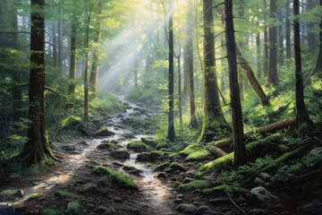 Obraz premium Luminous Depth: Mountainous Forest Pointillism Created with Generative AI