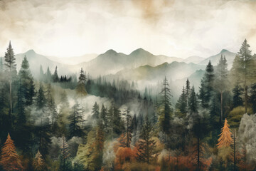 Minimalist Tranquility: Foggy Mountainous Forest Vista Created with Generative AI