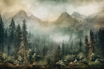 Minimalist Tranquility: Foggy Mountainous Forest Vista Created with Generative AI