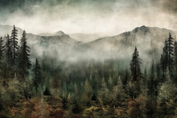 Minimalist Tranquility: Foggy Mountainous Forest Vista Created with Generative AI