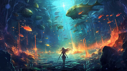 Enchanted Oceanic Realm: Fantasy Digital Illustration Created with Generative AI