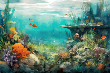 Obraz na płótnie Canvas Textured Marine Landscape: Mixed-Media Underwater Art created with Generative AI