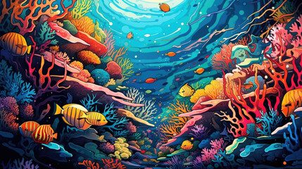 Graphic Coral Reef: Bold Lines and Vibrant Colors Background Created with Generative AI