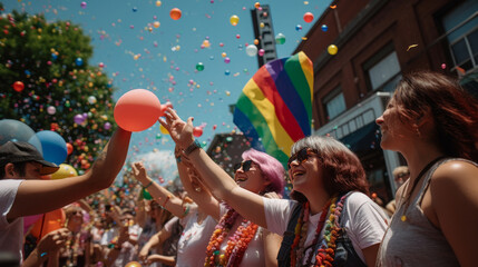 Happy people at gay pride parade. Pride month celebration, LGBTQ rainbow flag. Generative Ai. - obrazy, fototapety, plakaty