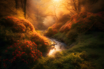 Fototapeta premium Beautiful sunset in the forest Generative AI.