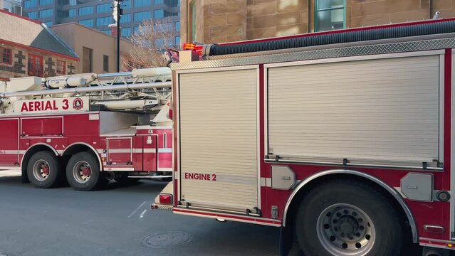 Fire Engine is on Call in Downtown Halifax Canada. Fire Truck With Flashing Lights and a Siren Rides a 911 Call. Firefighting and Victim Assistance Canada, Halifax 8. May. 2023.