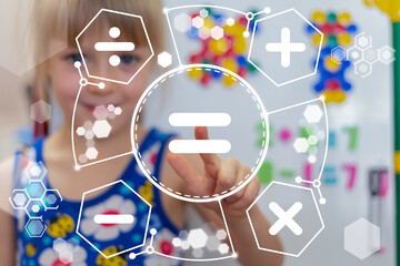 Little girl using virtual touch screen sees mathematical operations symbols of plus, minus,...