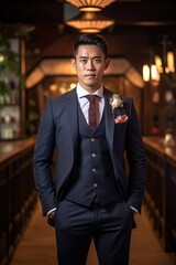 Portrait asian groom standing confident AI Generative