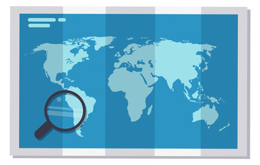 World map with magnify glass. Cartoon global geography
