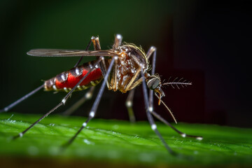 A close up of a mosquito on a leaf. Generative AI.