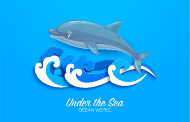 Cartoon dolphin with paper cut sea waves, ocean underwater world, vector papercut background. Undersea adventure and dolphin show banner or poster with water waves in paper cut layers