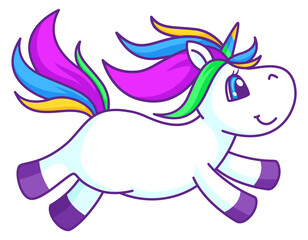 Flying unicorn. Smiling fairytale creature. Magic horse