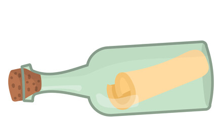 Glass bottle with paper scroll. Nautical message icon