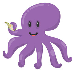 Purple octopus with smiling face. Happy sea character