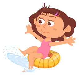 Summer kid activity. Cartoon girl swim on pool donut