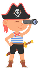 Kid in pirate costume looking in spyglass. Cartoon boy