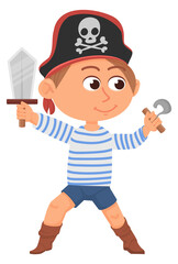 Pirate kid in black hat with hook and sword. Playing boy