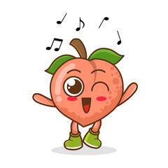 peach Fruit cartoon mascot character Listening music. Cute peach cartoon character dances to music