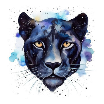 A watercolor painting of a black panther's face. Generative AI.
