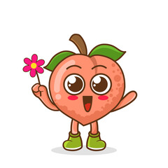 Cute cartoon peach fruit character holding flower