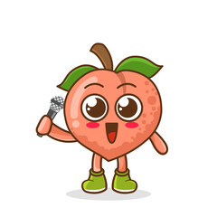 Cute cartoon peach fruit singer character holding mic