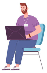 Man sit on chair with laptop. Conference visitor