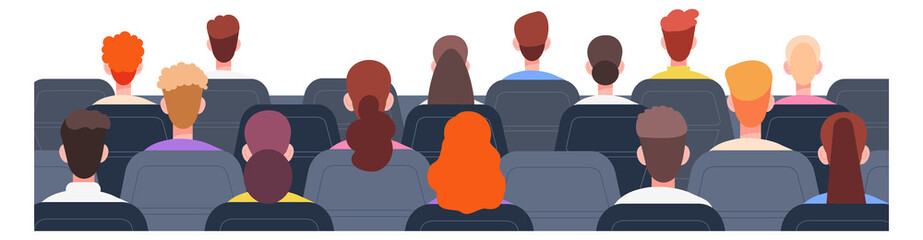 Audience back view. People sitting on chair rows