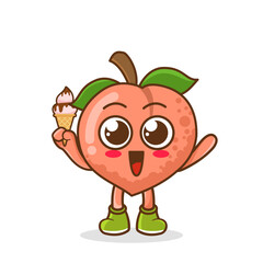 Cute Cartoon peach fruit character holding ice cream cone