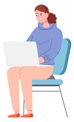 Young woman with laptop sit on chair. Happy female person
