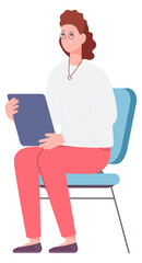 Female student sit on chair with tablet. Young woman character