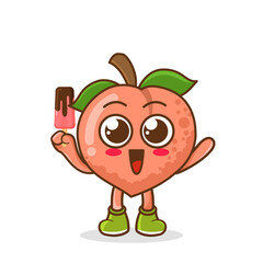 Cute smiling cartoon style peach fruit character holding in hand ice cream, popsicle.