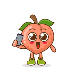 peach fruit cartoon character holding a smartphone
