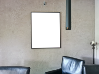 Empty Black wooden picture frame mockup hanging on grey wall background / Living room interior with white empty poster on the wall / empty picture frame mockup