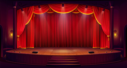 Cartoon theater stage with red curtains. Vector classic theatre scene for performance, opera, concert, dance or music show. Background with glowing spotlights illumination on wooden floor and stairs