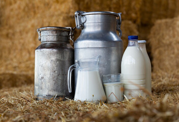 Glass decanter, aluminum cans and bottles with fresh natural milk on hay on dairy farm hayloft....