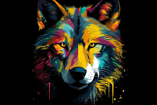 A painting of a wolf on a black background. Generative AI. Vibrant T-shirt design.