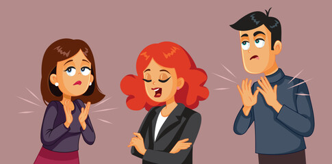 Fake Friends Congratulating their Colleague for Promotion at Work Vector Cartoon Illustration. Smug arrogant manager bragging about her performance 
 - obrazy, fototapety, plakaty